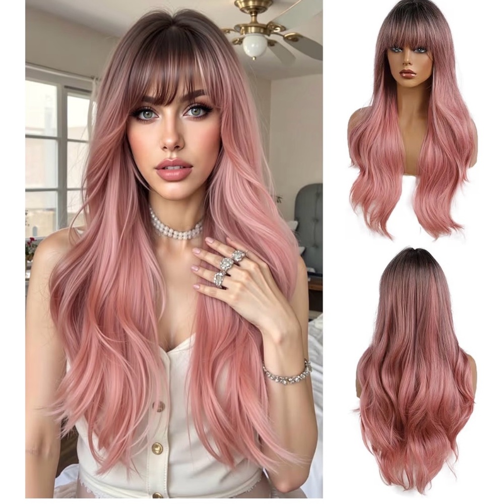 Long Pink Ombre Soft Wave Wig with Bangs - Women Hair